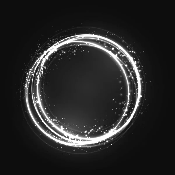 Silver cirkel ljuseffekt med runda glödande element, partiklar och stjärnor på mörk bakgrund. Glänsande glamour designelement för julen, night part, födelsedagsfest med paljetter, glitter — Stock vektor