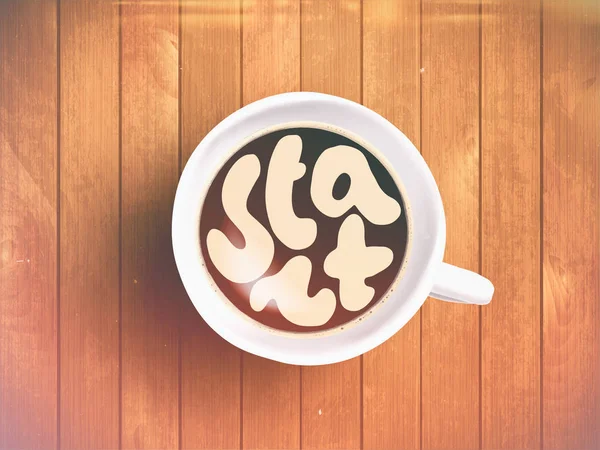 Kaffekopp med tiden bokstäver om Start ny dag eller nya affärer på realistiska trä bakgrund. Cappuccino från ovan med motivation citat. Ovanifrån av espressokopp med morgon motivation. — Stockfoto