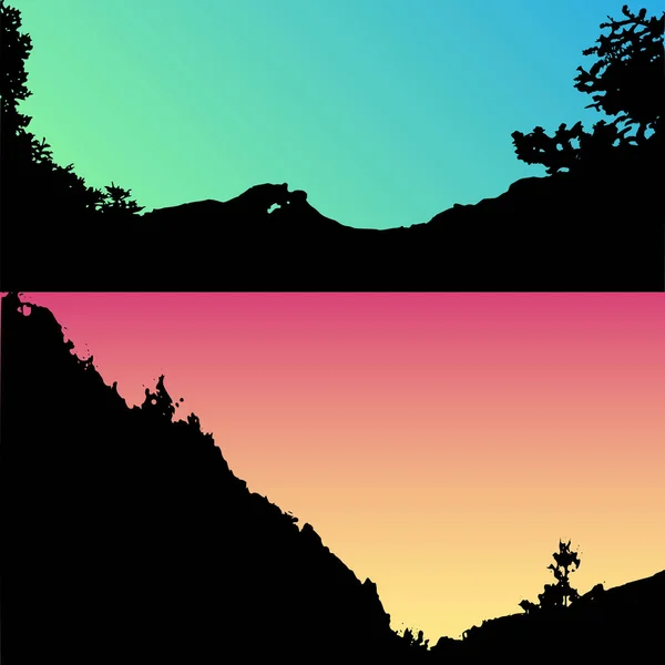 Conjunto de colinas vectoriales y silueta de paisaje de montaña. Árboles realistas, bosques en siluetas de colinas en el cielo nocturno y nocturno. Naturaleza exterior escena — Vector de stock