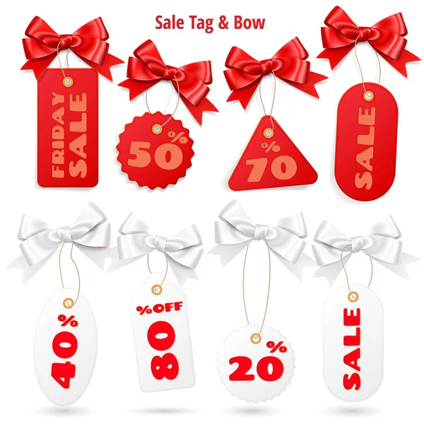 Set di cartellini bianchi e rossi di vendita ed etichette con fiocchi realistici isolati su sfondo bianco — Vettoriale Stock