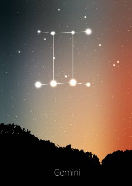 İkizler burç burç orman manzara siluet galaxy ve arkasında boşluk güzel yıldızlı gökyüzü üzerinde abone. İkizler burç sembolü takımyıldızı derin cosmos arka plan üzerinde. Kart tasarımı