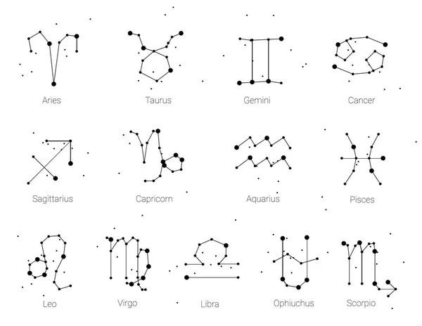 Horóscopo, todos los signos del Zodíaco en estilo constelación con líneas y estrellas sobre fondo blanco. Colección de símbolos del zodiaco, trece de elementos blancos, estrellas constelaciones conjunto . — Vector de stock