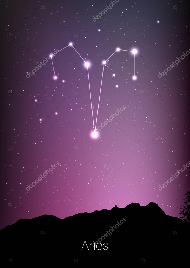 Aries zodiac constellations sign with forest landscape silhouette on