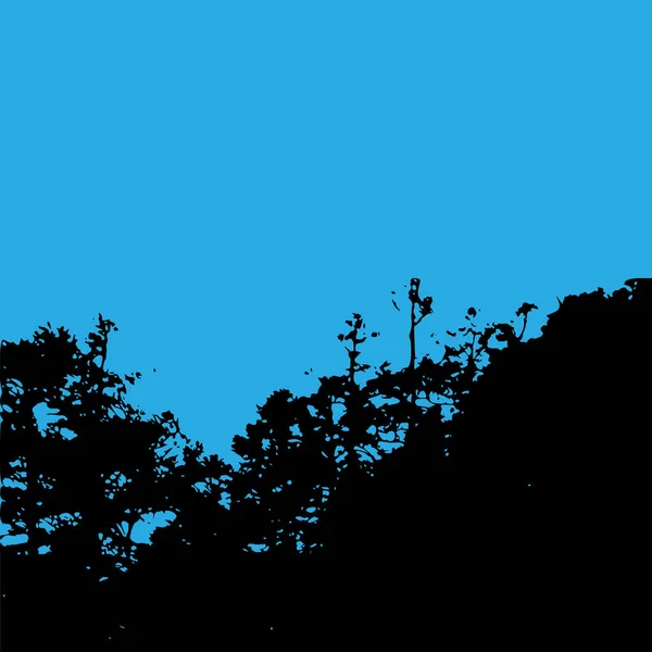 Sílhueta de paisagem vetorial. Árvores realistas, bosques, colinas e silhuetas de montanha no céu noturno e noturno. Cena natureza ao ar livre — Vetor de Stock