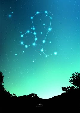 Leo zodyak takımyıldızlarını orman manzara siluet galaxy ve arkasında boşluk güzel yıldızlı gökyüzü üzerinde abone. Leo Astroloji sembolü takımyıldızı derin cosmos arka plan üzerinde. Kart tasarımı