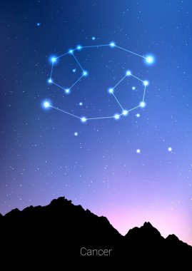 Canser zodyak takımyıldızlarını orman manzara siluet galaxy ve arkasında boşluk güzel yıldızlı gökyüzü üzerinde abone. Canser burç sembolü takımyıldızı derin cosmos arka plan üzerinde. Kart tasarımı