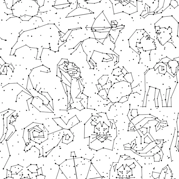 Horoscope seamless pattern, all Zodiac signs in constellation style with line and stars on white background. Endless background of starry zodiac symbols — Stock Vector