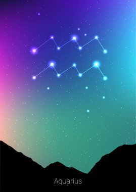 Kova zodyak takımyıldızlarını orman manzara siluet galaxy ve arkasında boşluk güzel yıldızlı gökyüzü üzerinde abone. Kova Astroloji sembolü bir takımyıldızı yönünde bulunan derin cosmos arka plan üzerinde.