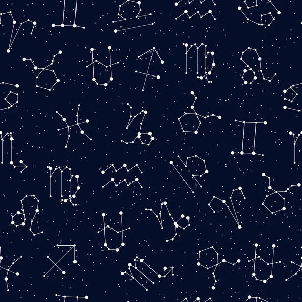 Patrón sin costura Horóscopo, todos los signos del Zodíaco en estilo constelación con línea y estrellas en el cielo negro. Fondo infinito de símbolos del zodíaco estrellado — Vector de stock