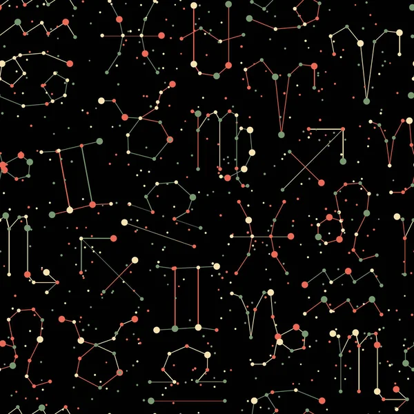 Patrón sin costura Horóscopo, todos los signos del Zodíaco en estilo constelación con línea y estrellas en el cielo negro. Fondo infinito de símbolos del zodíaco estrellado — Vector de stock