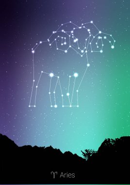 Koç zodyak takımyıldızlarını orman manzara siluet galaxy ve arkasında boşluk güzel yıldızlı gökyüzü üzerinde abone. Koç Astroloji sembolü takımyıldızı derin cosmos arka plan üzerinde. Kart tasarımı