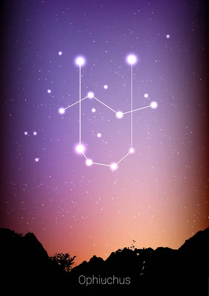 Ophiuchus zodiac constellations sign with forest landscape silhouette on beautiful starry sky with galaxy and space behind. Ophiuchus horoscope symbol constellation on deep cosmos background — Stock Vector