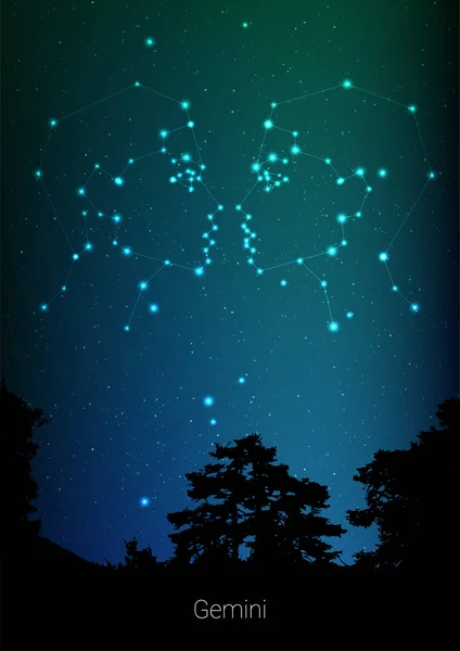 Gémeaux signes de constellations zodiacales avec silhouette paysage forestier sur beau ciel étoilé avec galaxie et espace derrière. Gémeaux horoscope constellation de symboles sur fond cosmique profond. Conception de carte — Image vectorielle