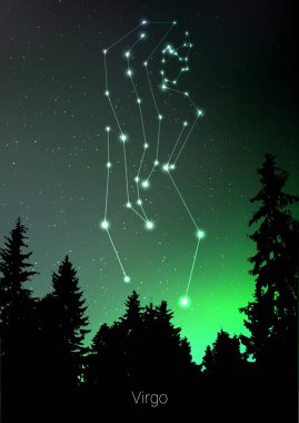 Başak zodyak takımyıldızlarını orman manzara siluet galaxy ve arkasında boşluk güzel yıldızlı gökyüzü üzerinde abone. Başak Burç sembolü takımyıldızı derin cosmos arka plan üzerinde. Kart tasarımı