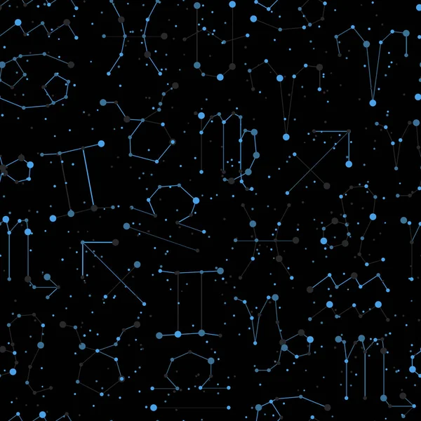 Horoskop wzór, wszystkie znaki zodiaku w gwiazdozbiorze styl linii i gwiazd na niebie, czarny. Niekończące się tło wygwieżdżony znak zodiaku symbole — Wektor stockowy