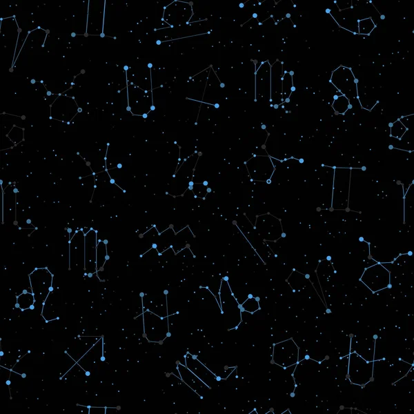 Horoscoop naadloze patroon, alle sterrenbeelden in sterrenbeeld stijl met lijn- en sterren op zwarte lucht. Achtergrond van de eindeloze sterrenhemel dierenriem symbolen — Stockvector