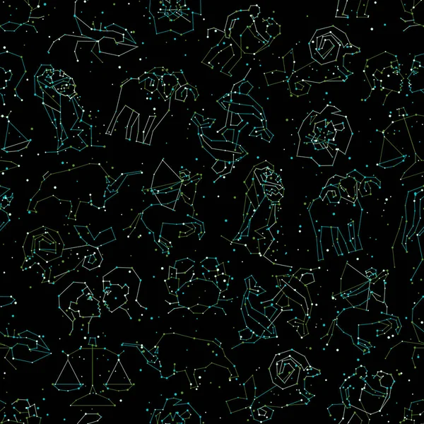 Patrón sin costura Horóscopo, todos los signos del Zodíaco en estilo constelación con línea y estrellas en el cielo negro. Fondo infinito de símbolos del zodíaco estrellado — Archivo Imágenes Vectoriales