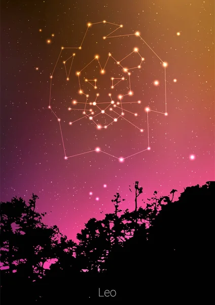 Leo zodiac constellations sign with forest landscape silhouette on beautiful starry sky with galaxy and space behind. Leo horoscope symbol constellation on deep cosmos background. Card design — Stock Vector