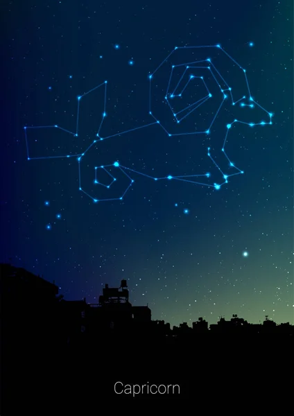 Capricorn stjärntecken konstellationer logga med skog landskap siluett på vacker stjärnhimmel med galaxy och utrymmet bakom. Stenbocken horoskop symbol konstellation på djupa kosmos bakgrund. — Stock vektor