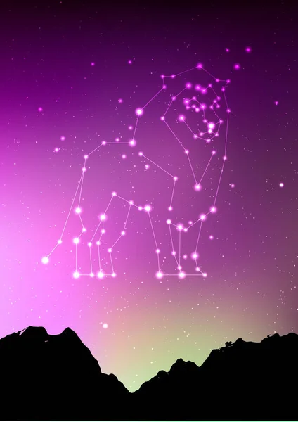 Λέων ζώδια αστερισμούς συνδεθείτε με δασικό τοπίο Σκιαγραφία στον όμορφο έναστρο ουρανό με galaxy και το διάστημα πίσω από. Leo Ωροσκόπιο σύμβολο αστερισμό σε φόντο βαθύ σύμπαν. Σχεδιασμός κάρτας — Διανυσματικό Αρχείο