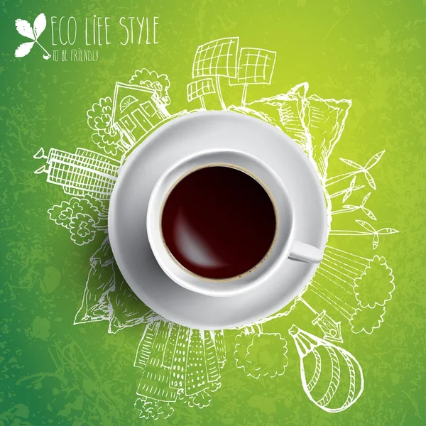 Herbata zielona z kręgu ekologia gryzmoły. Elementy szkicu eco filiżankę zielonej herbaty — Wektor stockowy