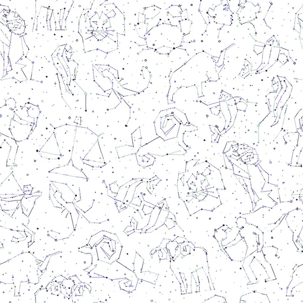 Horoscope main dessiner motif sans couture, tous les signes du zodiaque en style constellation avec ligne et étoiles sur fond sans fin. Doodle fond de symboles du zodiaque étoilé — Image vectorielle