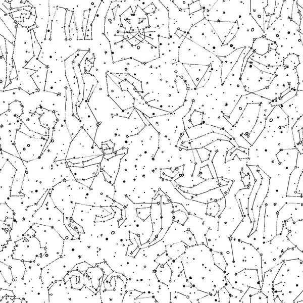 Horoscope hand draw seamless pattern, all Zodiac signs in constellation style with line and stars on endless background. Doodle background of starry zodiac symbols — Stock Vector