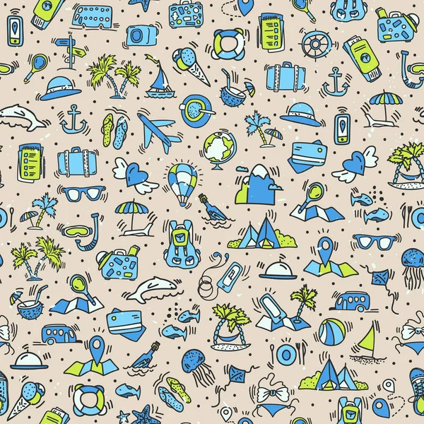 Travel and summer seamless pattern, journey and trip background. Adventure time pattern in hand draw style, vector sketch elements on repeatable pattern — Stock Vector