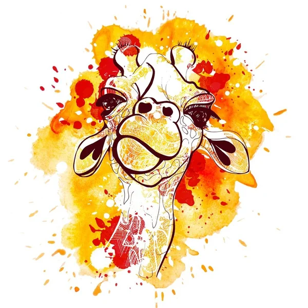 Aquarelle et croquis dessin à la main girafe illustration. T-shirt orange imprimé girafe animale — Photo