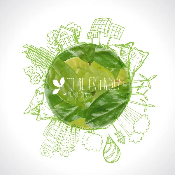 Planeta verde con garabatos de ecología circular. Elementos ecológicos esbozados con tierra y hojas — Vector de stock