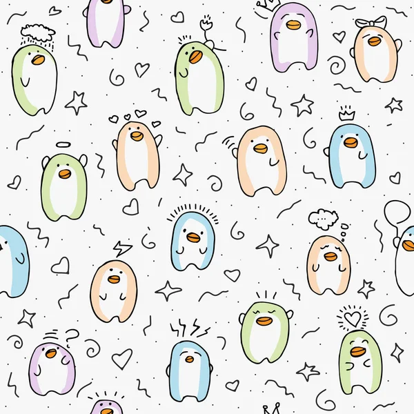 Lindo pingüino bebé patrón sin costuras. Pingüinos de dibujos animados con elementos divertidos y decoraciones. Pingüinos bebé emocionales, fondo de luz repetible — Vector de stock