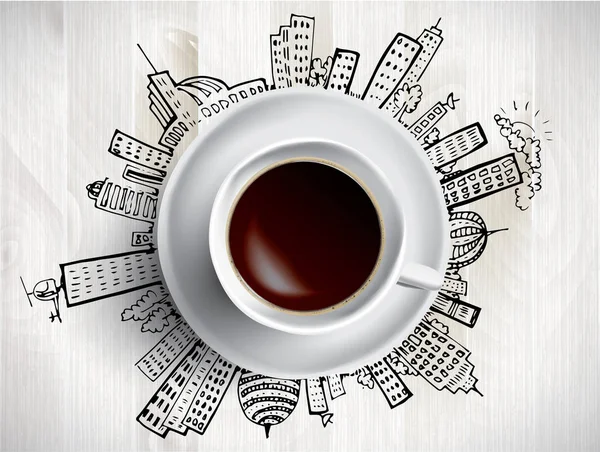 Šálek kávy koncepce - město čmáranice s hrnkem kávy — Stockový vektor