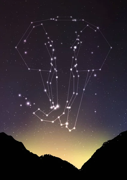 Illustration vectorielle de constellation d'éléphants. Éléphant dans les constellations et étoile sur le paysage de la forêt de montagne. Éléphant étoilé dans un ciel profond et sombre avec une ligne et des points brillants — Image vectorielle