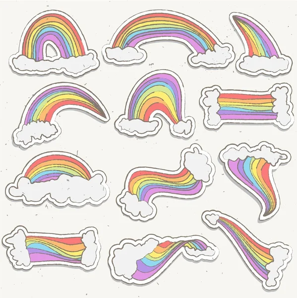 Ensemble mignon vecteur d'autocollant arc-en-ciel. Sticker dessin animé arc-en-ciel illustration avec nuages dans le ciel. Stickers main dessiner arc-en-ciel et nuage mignon — Image vectorielle