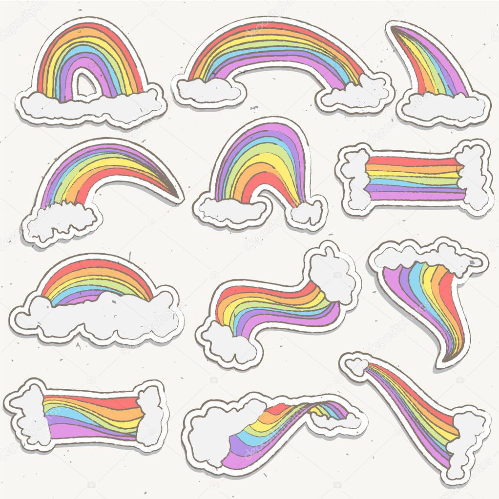 Cute rainbow sticker vector set. Rainbow cartoon sticker illustration with clouds in sky. Hand draw cute rainbow and cloud stickers