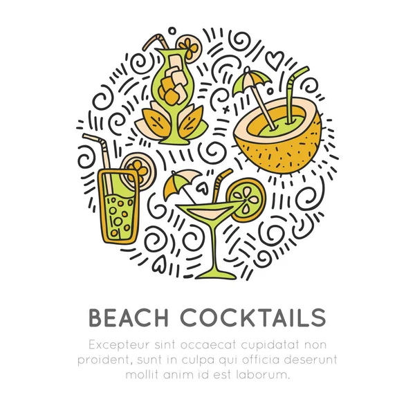Tropikal plaj kokteyller simgesi kavramı. Hindistan cevizi kokteyl, tatlı suyu kokteyl ve martini cam dekorasyon ile yuvarlak formunda. Plaj yaz simge tasarlamak. Afiş, seyahat için iyi bir site — Stok Vektör