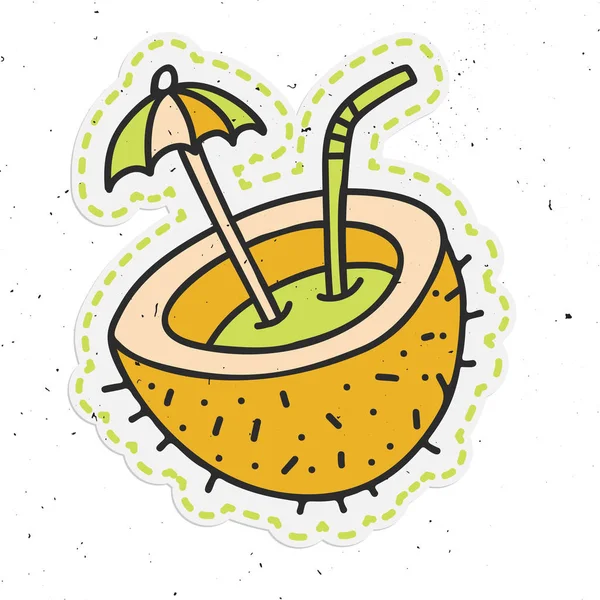 Vector kokosnoot cocktail sticker. Hand tekenen illustratie over beach cocktail met kokos, cocktail paraplu, buis. Zomer doodle kokosnoot met lichte textuur — Stockvector
