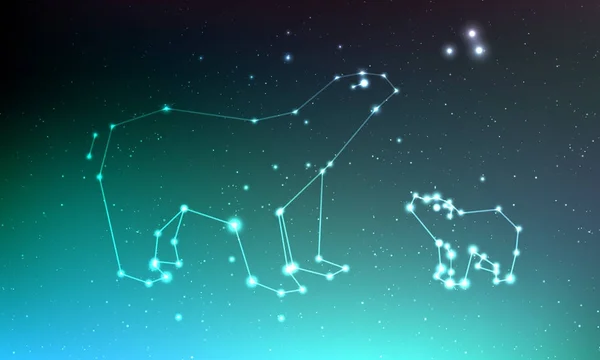 Ursa major and ursa minor constellation in night sky with lights, stars. Ursa in dark deep sky, line and shiny stars in one constellation — Stock Vector