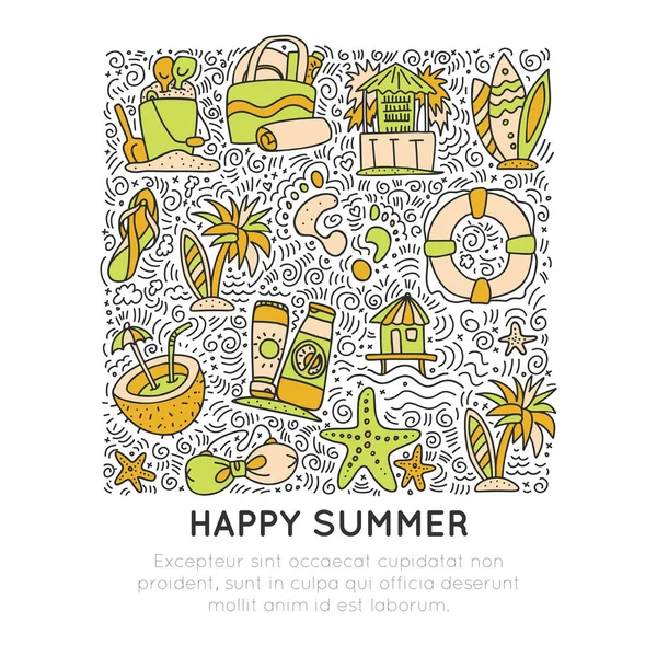 Summer and beach hand draw icon concept. Travel summer icons collection in square form with cartoon decorative elements. Coconut, surfing boat, sand, ice cream elements. Happy summer vacation icon — Stock Vector