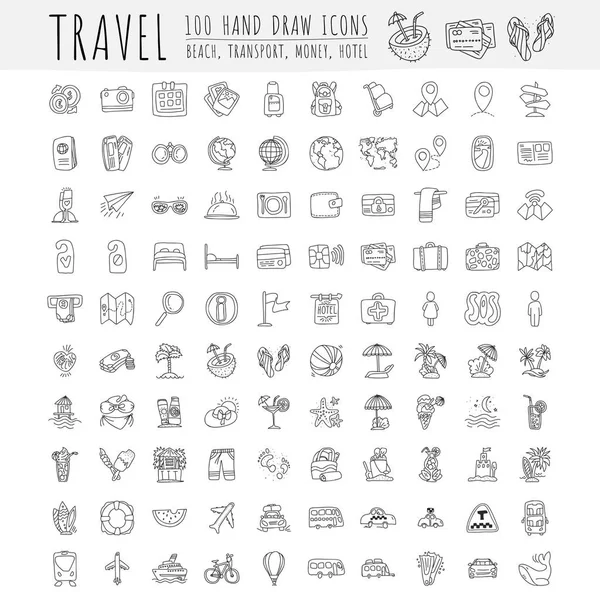 Travel hand draw icons. Icon lined cartoon collection about adventure, outdoor activities, beach, summer, travelling, get a vacation and extremal sport. Traveling icon set — Stock Vector