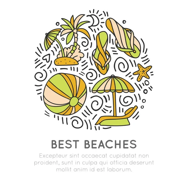 热带夏日海滩图标概念。球, 伞, 棕榈, 海星在圆形的形式与装饰。海滩夏日图标插图。良好的旅游横幅, 网站和度假广告 — 图库矢量图片