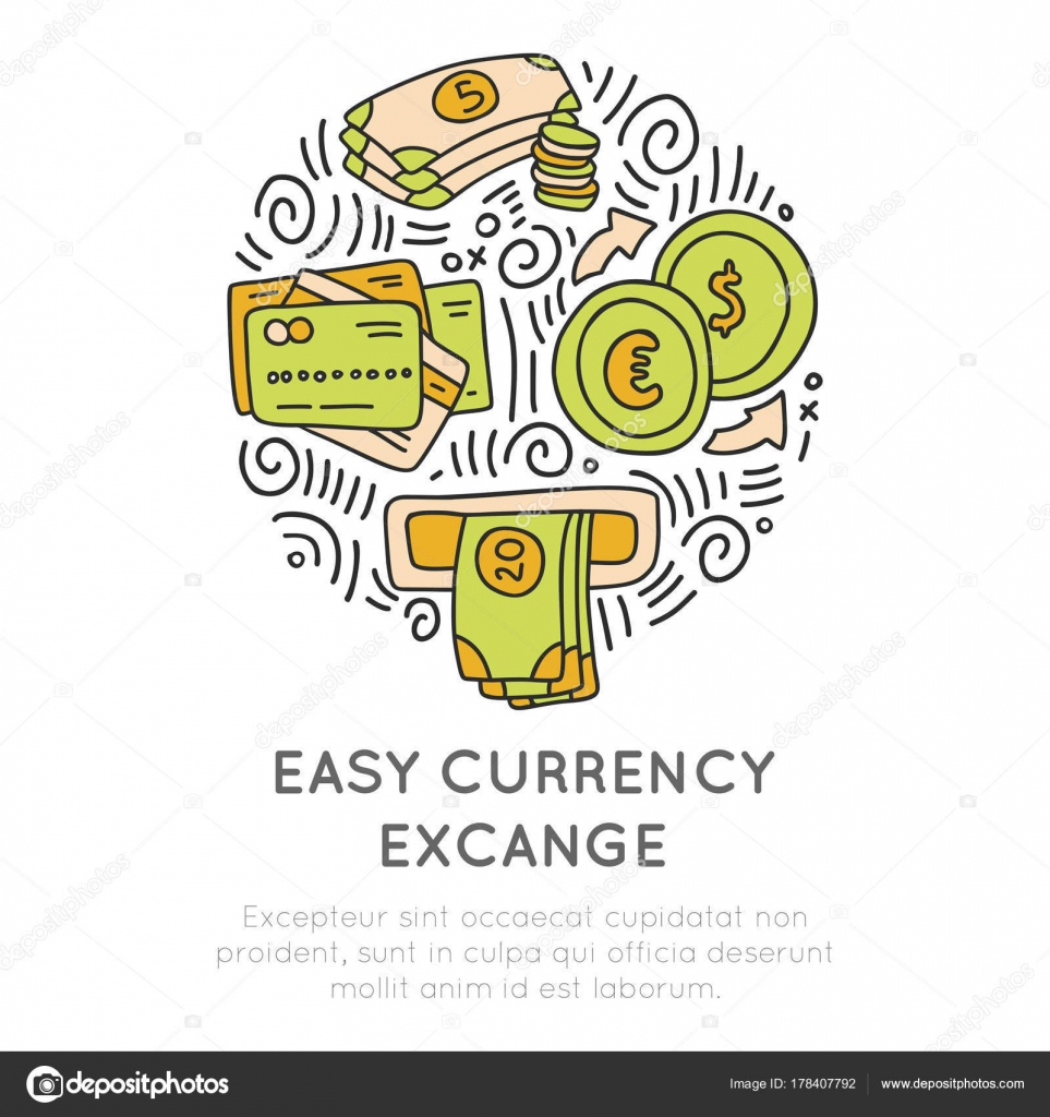 Easy currency excange in travel icon concept. Vector hand
