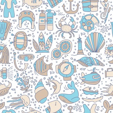 Dalış el çizmek karikatür seamless modeli. Dalış ve su spor ve macera tekrarlanabilir ve arka plan dalış ve scuba donanımları, deniz yaşamı, hayvanlar karikatür vektör öğeleri. Sorunsuz dalış