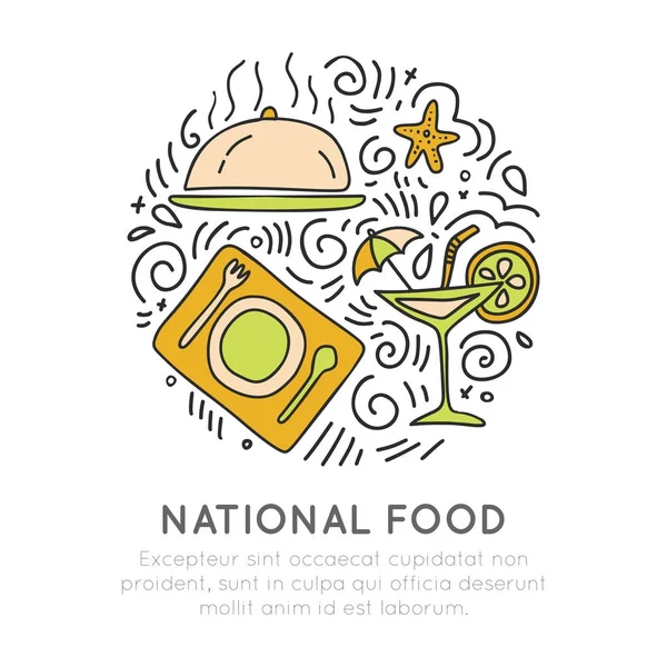 La mano nacional de alimentos dibujar icono vector. Conjunto de iconos de viaje de comida con decoración y formas redondas. Iconos nacionales de alimentos bosquejados — Vector de stock