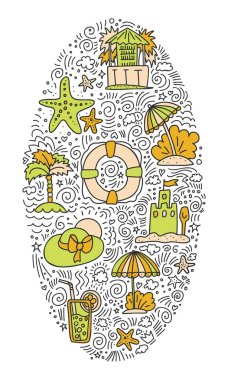 Yaz ve plaj el simgesi kavramı çizin. Yaz simgeler koleksiyonu ellipce biçimde karikatür dekoratif elemanları ile seyahat. Hindistan cevizi, sörf tekne, kum, dondurma öğeleri. Mutlu yaz tatil simgesi