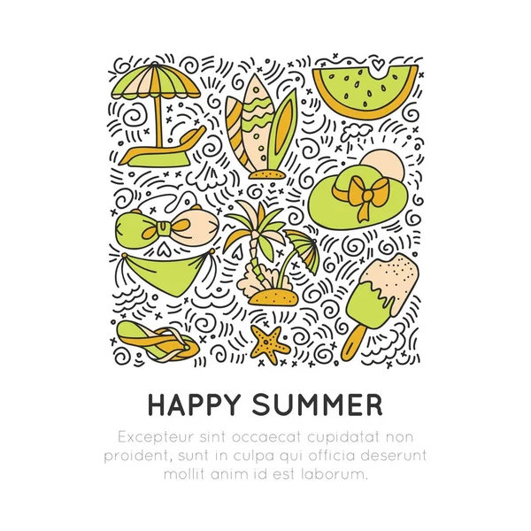 Лето и пляж рисуют иконы. Путешествие летняя коллекция в квадратной форме с карикатурными декоративными элементами. Кокосовый орех, серфинг, песок, элементы мороженого. Счастливого летнего отпуска! — стоковый вектор