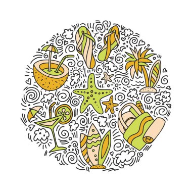 Yaz ve plaj el simgesi kavramı çizin. Yaz simgeler koleksiyonu içinde yuvarlak biçim karikatür dekoratif elemanları ile seyahat. Hindistan cevizi, sörf tekne, kum, dondurma öğeleri. Mutlu yaz tatil simgesi