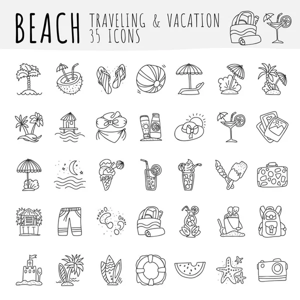 夏季热带海滩图标收藏。手绘的图标旅行到热带海滩和有假期。夏季和海滩属性-coctails, 椰子, 沙滩和泳装, 雨伞 — 图库矢量图片