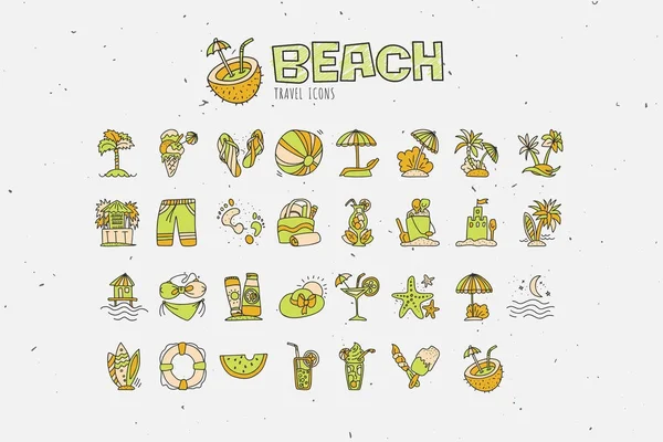 Летняя пляжная коллекция икон. Ручная рисовать иконки о путешествии в тропический пляж и отдохнуть. Летние и пляжные атрибуты - коктейли, кокос, песок и купальники, зонтики — стоковый вектор