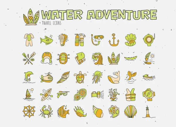 Wasser Abenteuer Vektor Hand Draw Icon Set. Tauchen, Rafting, Kajakfahren und Surfen im Cartoon-Doodle-Stil. Reise-Abenteuer Sommer-Ikone mit Sealife-Elementen und Tieren — Stockvektor